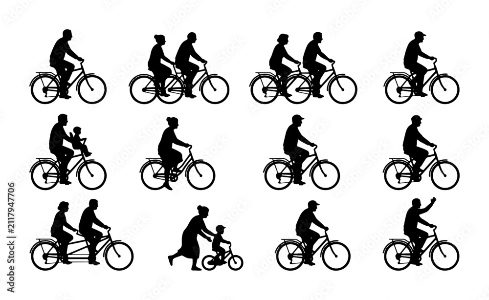 Obraz premium Silhouette Bicycle Riders Collection: Diverse People Cycling, Family Fun, Sport, Outdoor Activity