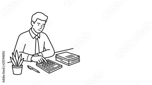 Line art illustration of a professional accountant working at desk