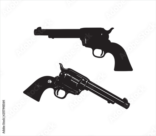Two black revolver pistols side by side on white background  gun silhouette