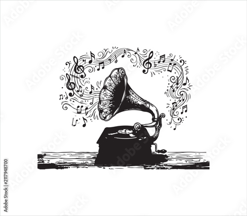 Vintage gramophone with music notes and swirling patterns around it