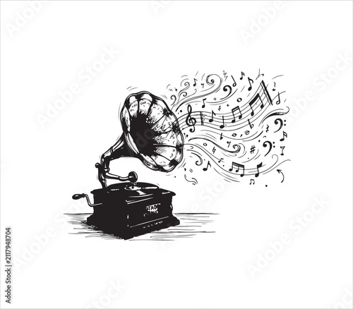Vintage gramophone with musical notes and swirling patterns coming out of it