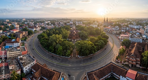Panoramic Thrissur Round city view featuring Swaraj Round, lush urban greenery and iconic cultural center of Thrissur Kerala India