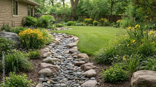 A landscaped backyard features a stone dry creek bed with lush greenery and blooming flowers. Represents sustainable.