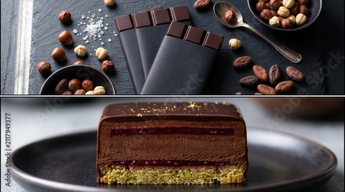 Two part collage of dark artisan chocolate bars with hazelnuts and cocoa beans flat lay, and luxury mousse cake cross section with mirror glaze and berry jelly