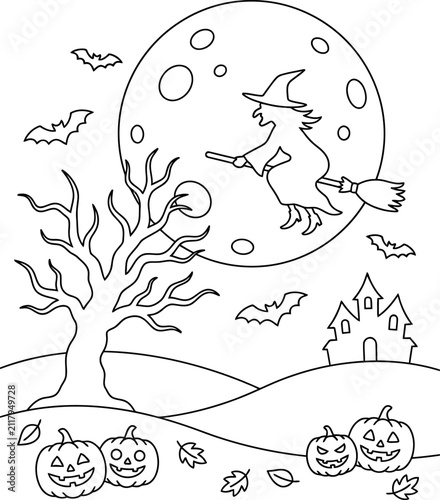 A detailed halloween scene featuring a witch flying on a broomstick in front of a full moon as a black and white coloring page isolated on transparent background