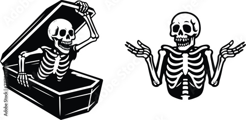 Skeleton in a coffin and a shrugging skeleton