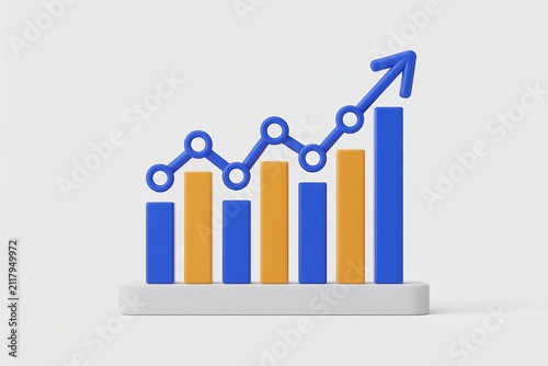 3 d bar chart with blue and orange bars, showing an upward trend line with an arrow 3d bar chart blue bars