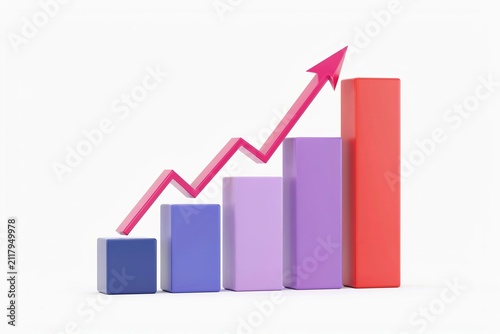 3 d bar chart with upward trending red arrow and increasing bars graph growth