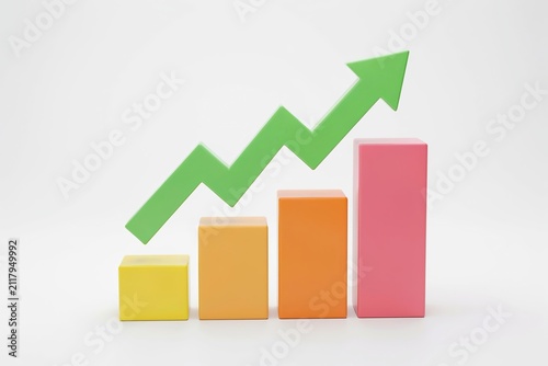 3 d bar chart with upward green arrow, yellow, orange, and pink bars showing growth graph upward trend