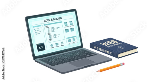 Laptop computer displays web development code on its screen alongside a textbook and pencil to visualize professional programming and software engineering tasks.