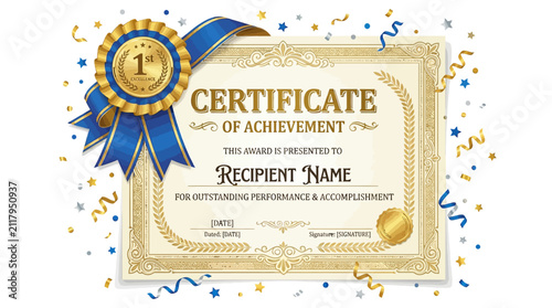 фотографія Certificate of achievement displays a gold seal and blue ribbons for honoring outstanding professional performance and academic success