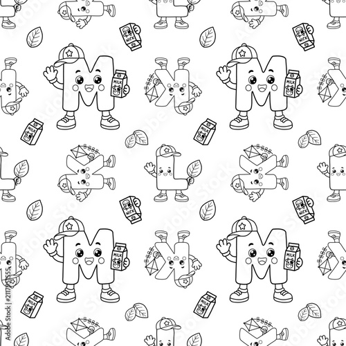 Cute Kawaii Alphabet K, L and M Seamless Pattern Black and White Educational Coloring Page Background. Cute black and white seamless pattern featuring kawaii alphabet letters K, L, and M with smiling.