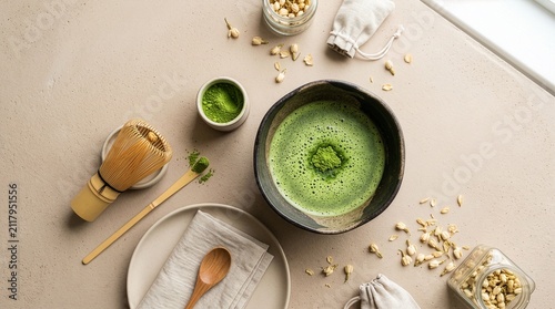 Flat lay of traditional Japanese green matcha tea set with chawan bowl, bamboo whisk chasen, chashaku spoon and dried jasmine flowers on beige texture surface