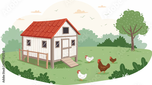 Small chicken coop with poultry in green field farmyard illustration animal husbandry livestock agriculture countryside farmyard enclosure domestic landscape homestead lifestyle backyard