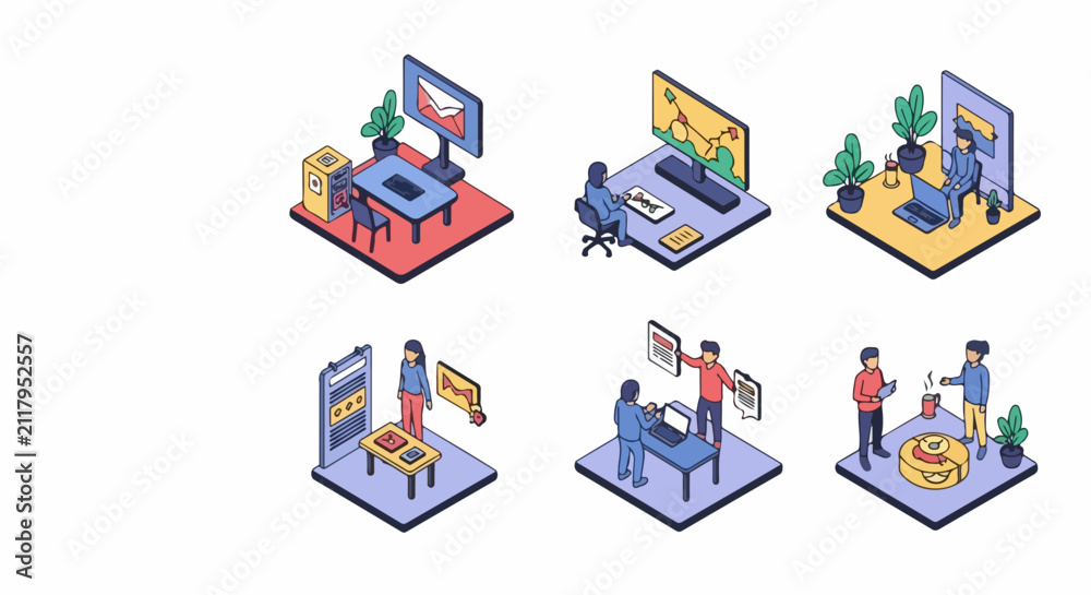Fototapeta premium Isometric vector illustration of office work scenes,