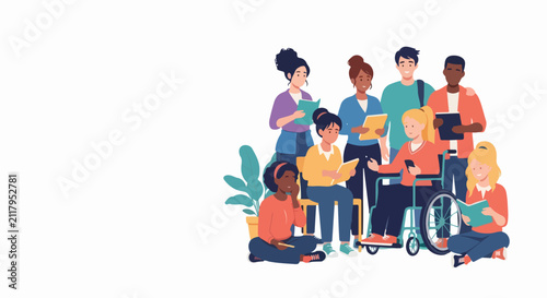 Diverse group of people vector illustration showing diverse group of people studying together with books.