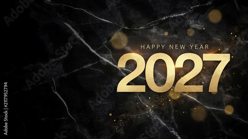 Golden glittery happy new year 2027 celebration with elegant marble texture background and festive sparkles for holiday greeting card design