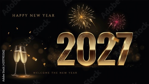 Golden happy new year 2027 celebration with fireworks and champagne glasses in elegant style