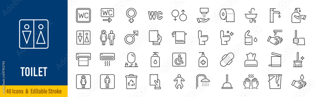 Obraz premium Toilet line icons in editable stroke style. Restroom, WC, sanitation, hygiene, plumbing, bathroom fixtures, public facilities collection. Editable stroke. Vector