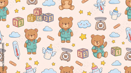 sweet cartoon style pattern of a pediatrician office featuring cuddly teddy bears bright toy blocks tiny weighing scales friendly thermometers and happy baby bottles scattered about