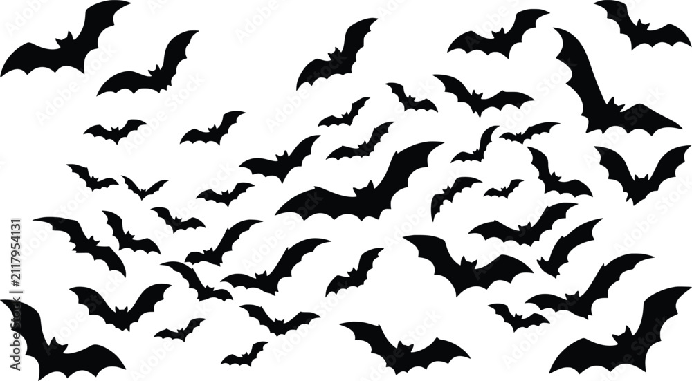 Fototapeta premium Flying bats swarm vector silhouette, scattered halloween bat swarm background, black spooky bat flock overlay graphic elements