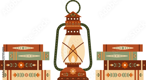 Fotografía Vintage Oil Lantern with Stacked Books in Scandinavian Folk Art Style, Cozy Read