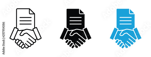 Business agreement icon with handshake and document representing contract, partnership, deal, and trust.