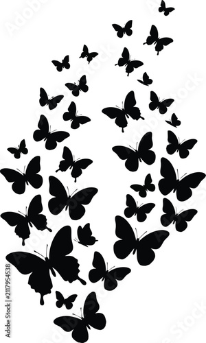 Abstract composition of many black butterflies flying in a swirl shape isolated on a white background