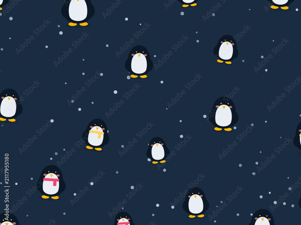 Fototapeta premium Cartoon Penguins with Scarves Winter Holiday Pattern
