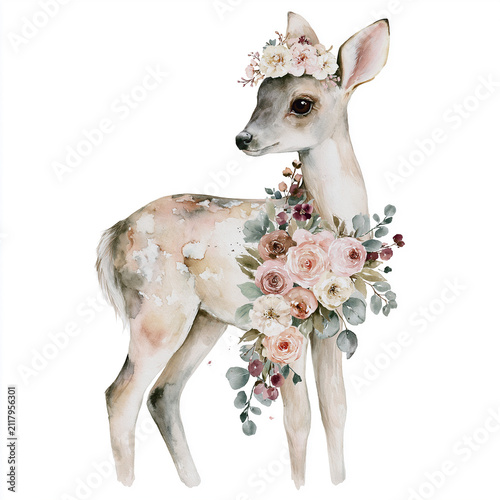 Delicate watercolor illustration of a graceful baby deer adorned with pastel floral arrangements and eucalyptus leaves, isolated on a white background. Perfect for nursery decor.