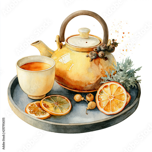 Cozy watercolor illustration of a teapot with a warm cup of tea, dried citrus slices, berries, and herbs on a tray, isolated on a white background. Rustic comfort.