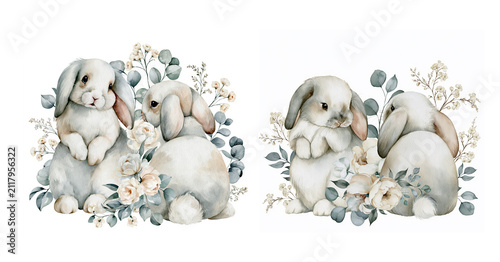 Adorable watercolor illustration of fluffy baby rabbits with soft pastel flowers and eucalyptus leaves, isolated on a white background. Perfect for nursery decor.