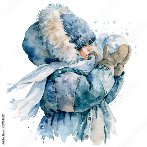 Watercolor illustration of a child dressed in a cozy winter coat, fur hood, scarf, and mittens holding a snowball. Charming snowy scene celebrating winter fun outdoors.