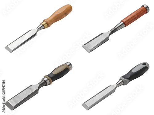 Four different types of wood chisels with various handle designs and blade widths, essential tools for woodworking and carving tasks.