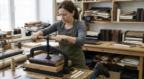 Female bookbinder using a heavy iron press on a leather bound book. Artisan working in a traditional craft workshop