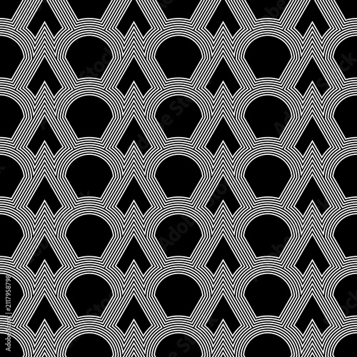 Fish scale wallpaper. Asian traditional ornament with repeated scallops. Repeated black triangular and circular shapes on white background. Seamless surface pattern design with curves and lines.