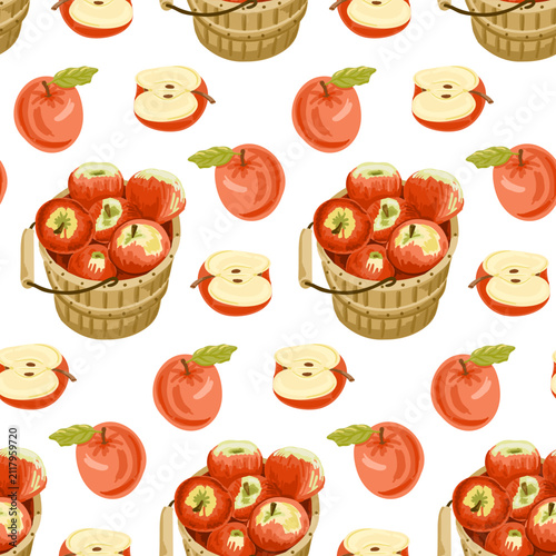 Pattern design featuring red apples and baskets filled with apples on a white background, showcasing sliced apples and green leaves for a fresh, vibrant look