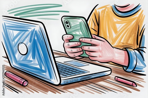 Person holding smartphone while working on laptop computer on desk in hand drawn sketch style for office, technology concept