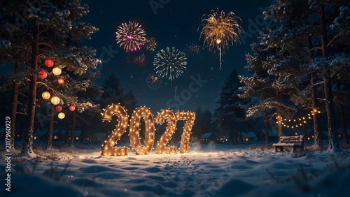 Spectacular winter forest celebration with illuminated new year sign and colorful fireworks lighting up the night sky