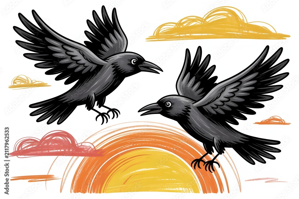 Naklejka premium Two black crows raven birds flying together in sky at sunset hand drawn sketch art illustration on white