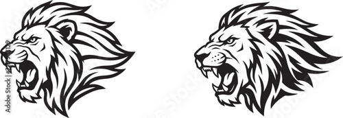 Foto Two identical black and white illustrations of roaring lion heads isolated on a