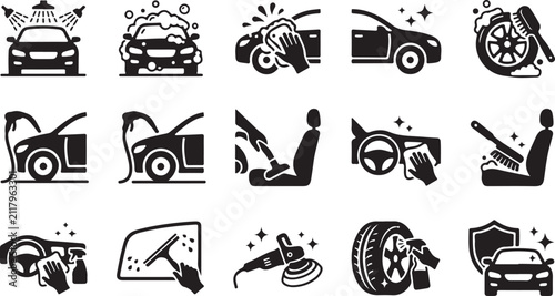 Set of car wash and professional vehicle detailing service icons in black and white silhouette style
