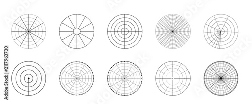 Circular geometric grid with concentric rings and radial guide lines. Vector template for radar charts, mandalas, infographics and technical design layouts.