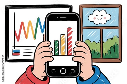 Hands holding smartphone displaying financial chart rendered in hand drawn crayon sketch artwork, business concept