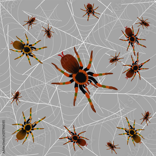 Large spiders in a web on a gray background.Vector pattern with spiders in the web on a colored background.