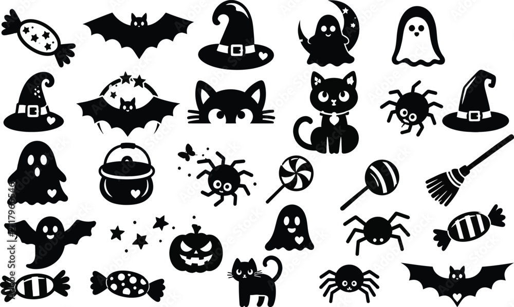 Obraz premium Large Collection of Cute Halloween Silhouettes - Featuring Black Cats, Spooky Ghosts, Witch Hats, Flying Bats, Creepy Spiders, Jack-O-Lanterns, and Sweet Candy Icons for Graphic Design.