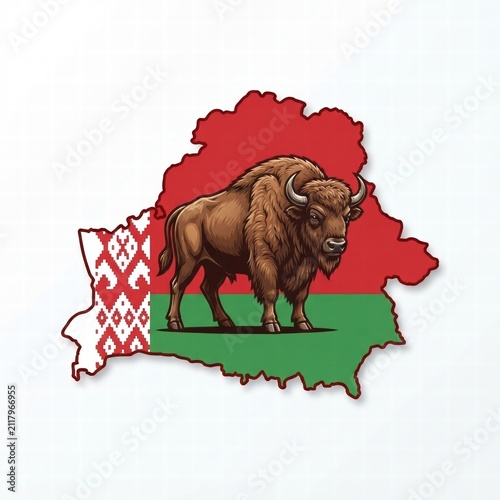 European Bison Standing on Map of Belarus with Flag, Raster Illustration