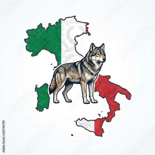 Italian Wolf Standing on Map of Italy with Tricolor Flag, Raster Illustration