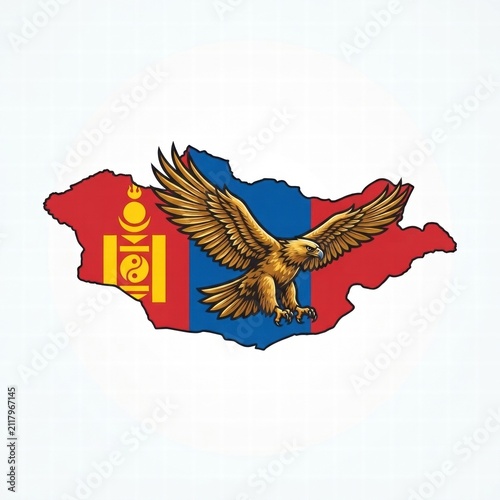 Golden Eagle Flying in Front of Mongolia Map with Flag, Raster Illustration