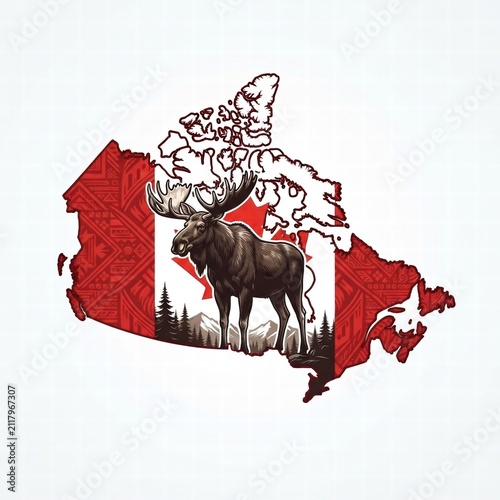 Moose Standing on Map of Canada with Canadian Flag, Raster Illustration